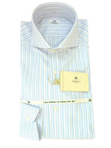 Borrelli Shirt: 15.75, White with thin light blue/black stripes, wide spread collar, pure cotton