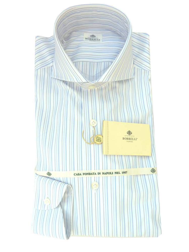 Borrelli Shirt: 17, White with thin light blue/black stripes, wide spread collar, pure cotton