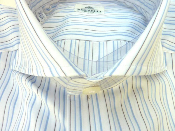 Borrelli Shirt: 17, White with thin light blue/black stripes, wide spread collar, pure cotton