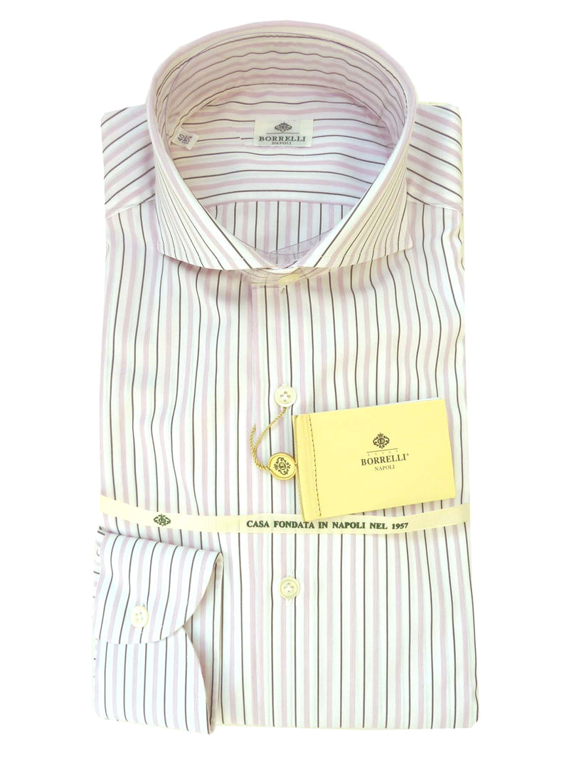 Borrelli Shirt: 16 White with pink/black stripes, wide spread collar, pure cotton