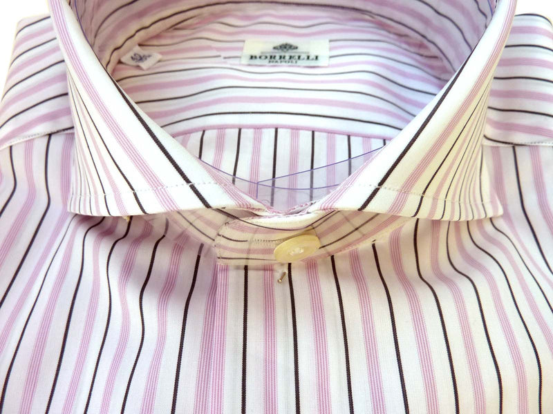 Borrelli Shirt: 16 White with pink/black stripes, wide spread collar, pure cotton