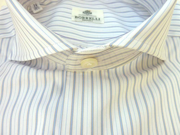 Borrelli Shirt: 16.5, White with pale blue/brown stripes, wide spread collar, pure cotton