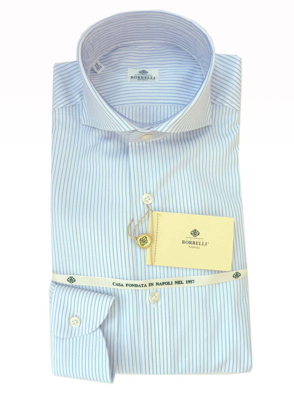 Borrelli Shirt: 15.75 White jacquard with light blue stripes, wide spread collar, pure cotton