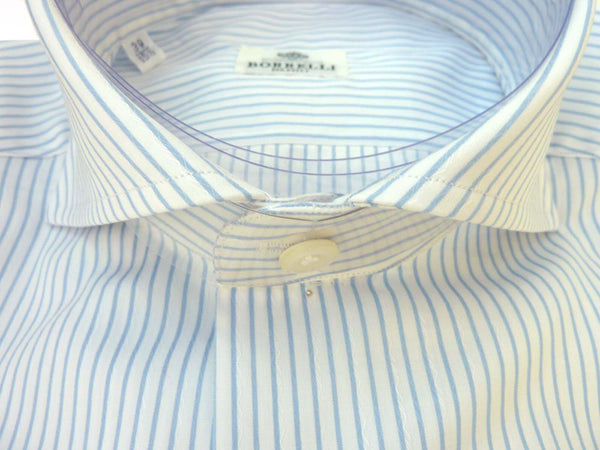 Borrelli Shirt: 15.75 White jacquard with light blue stripes, wide spread collar, pure cotton