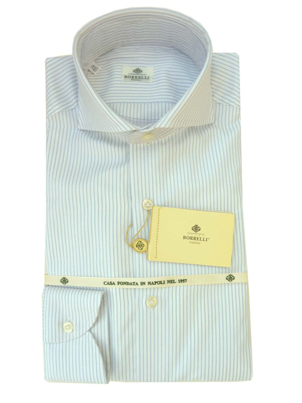 Borrelli Shirt: 15.75 White weave with light blue stripes, wide spread collar, pure cotton