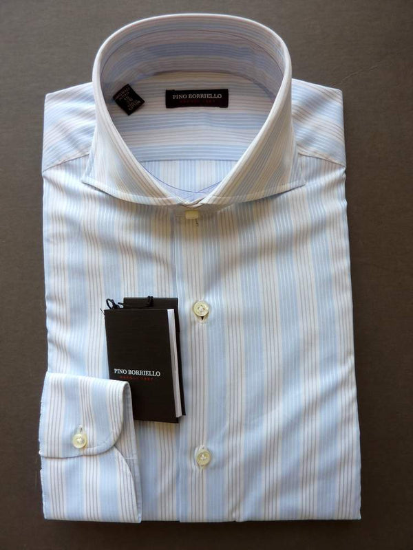 Pino Borriello Shirt: 15.75, Light blue/white/light gray stripes, wide spread collar, pure cotton