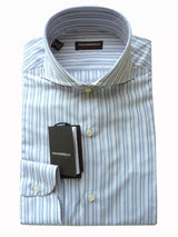 Pino Borriello Shirt: 16, White with light blue/black stripes, wide spread collar, pure cotton
