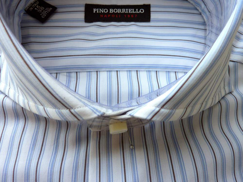 Pino Borriello Shirt: 16.5, White with light blue/black stripes, wide spread collar, pure cotton