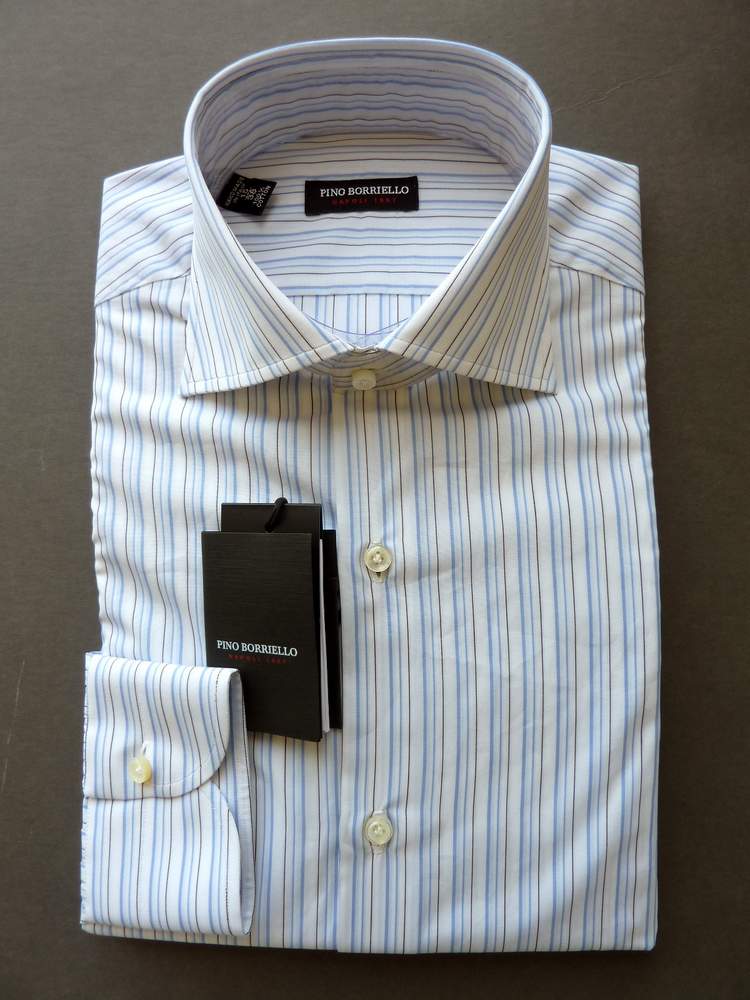 Pino Borriello Shirt: 16.5, White with light blue/black stripes, wide spread collar, pure cotton