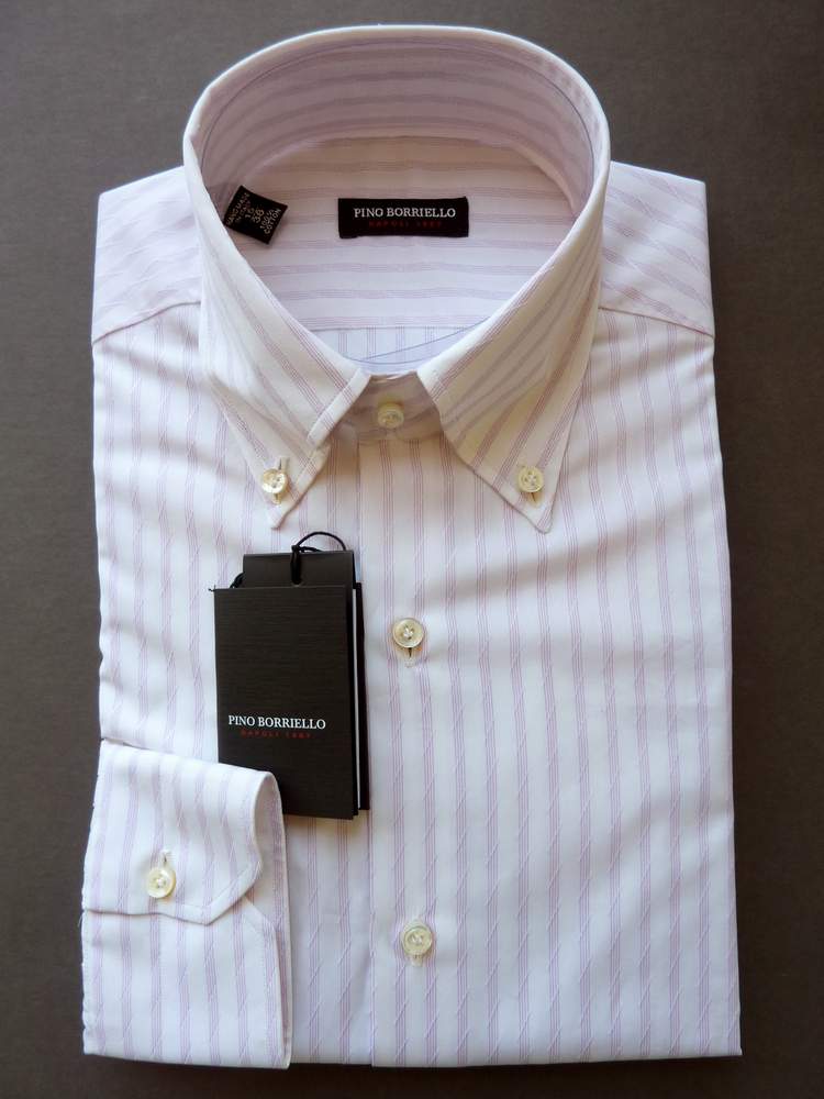 Pino Borriello Shirt: 17, White jacquard with fancy pink stripes, button down collar, pure cotton