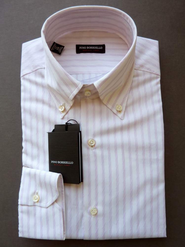 Pino Borriello Shirt: 17.5, White jacquard with fancy pink stripes, button down collar, pure cotton