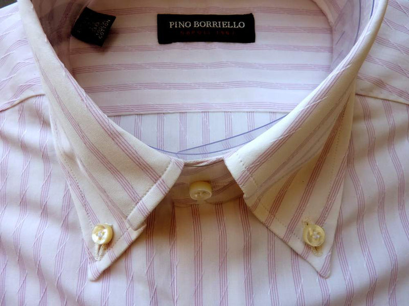 Pino Borriello Shirt: 17, White jacquard with fancy pink stripes, button down collar, pure cotton