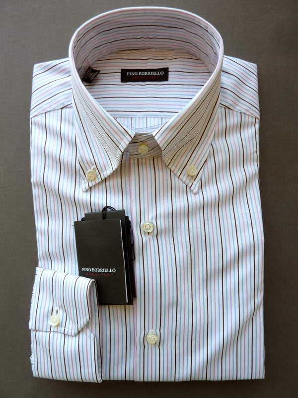 Pino Borriello Shirt: 16.5, White jacquard with light blue/pink/brown stripes, button down collar, pure cotton