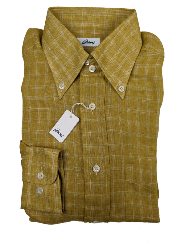 Brioni Sport Shirt M Greenish Yellow Plaid Linen Button Down