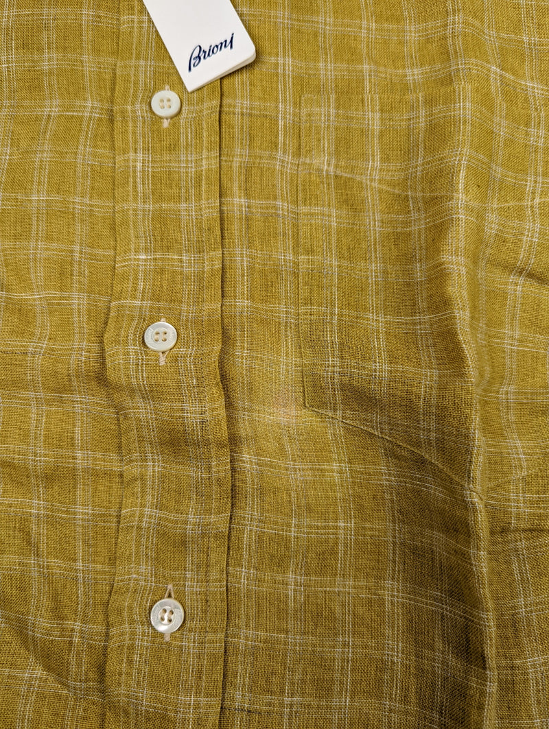 Brioni Sport Shirt M Greenish Yellow Plaid Linen Button Down