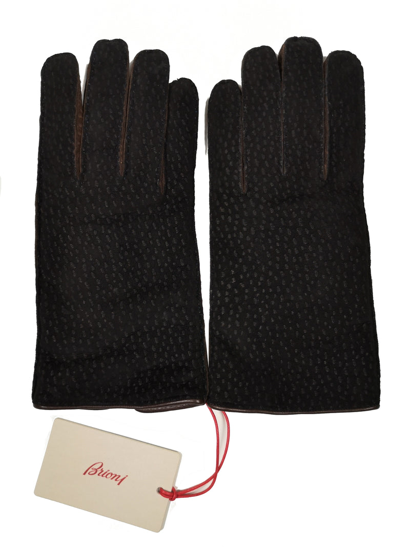 Brioni Gloves SIze 9.5 L, Brown/Black Carpincho leather Cashmere-lined