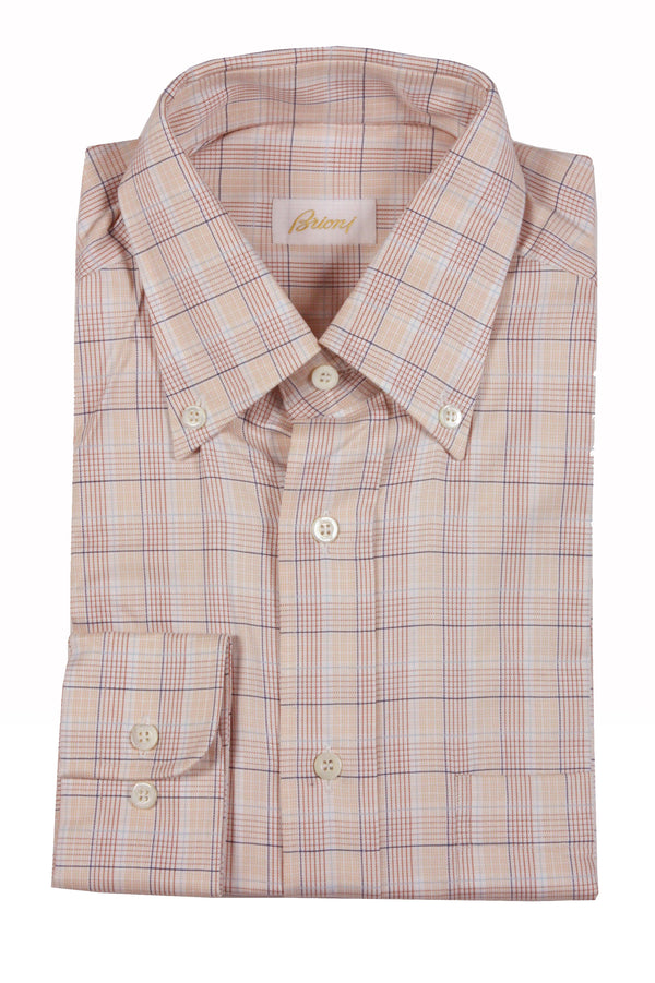 Brioni Sport Shirt L Gold Tan Sky Navy Plaid Button Down