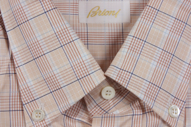 Brioni Sport Shirt L Gold Tan Sky Navy Plaid Button Down