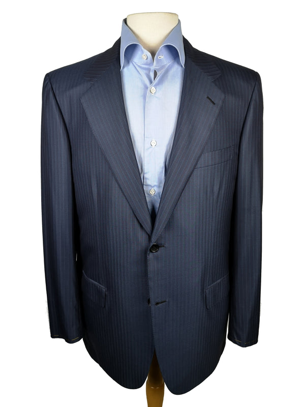 Brioni Suit: 42R Dark blue with subtle white/wine stripes, Chigi 2-button, wool/silk