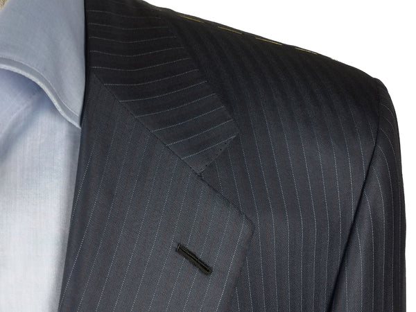 Brioni Suit: 42R Dark blue with subtle white/wine stripes, Chigi 2-button, wool/silk