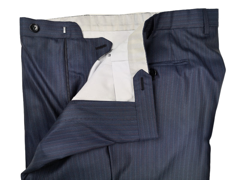 Brioni Suit: 42R Dark blue with subtle white/wine stripes, Chigi 2-button, wool/silk