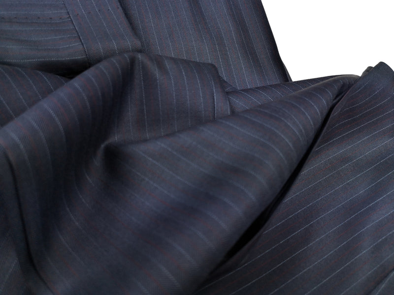 Brioni Suit: 42R Dark blue with subtle white/wine stripes, Chigi 2-button, wool/silk