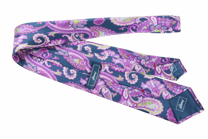 Brioni Tie: Slate blue with purple paisleys, pure silk