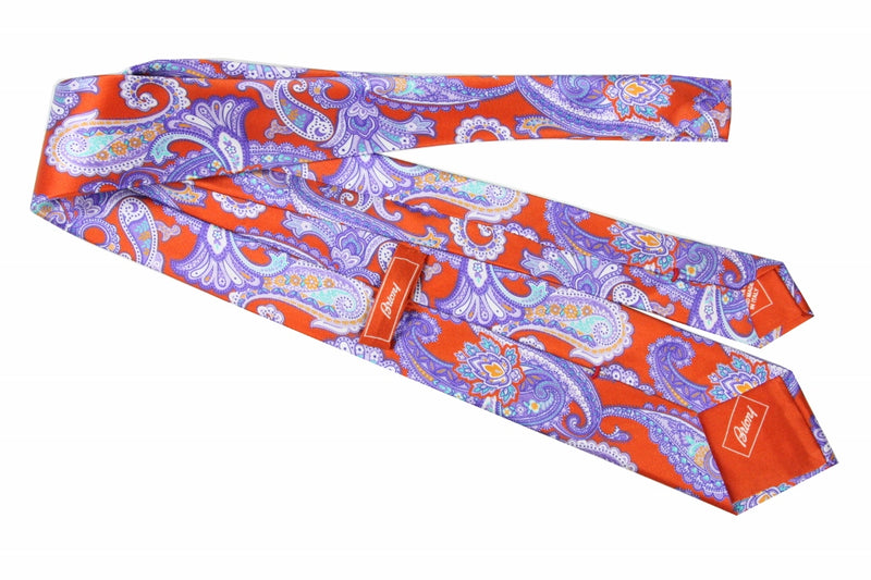 Brioni Tie: Orange with purple paisleys, pure silk