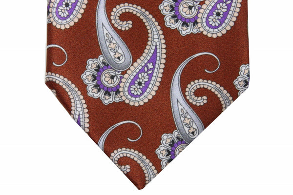 Brioni Tie: Golden brown with purple and grey paisleys, pure silk