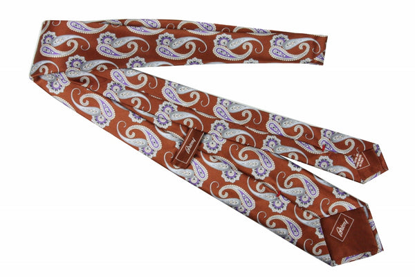 Brioni Tie: Golden brown with purple and grey paisleys, pure silk