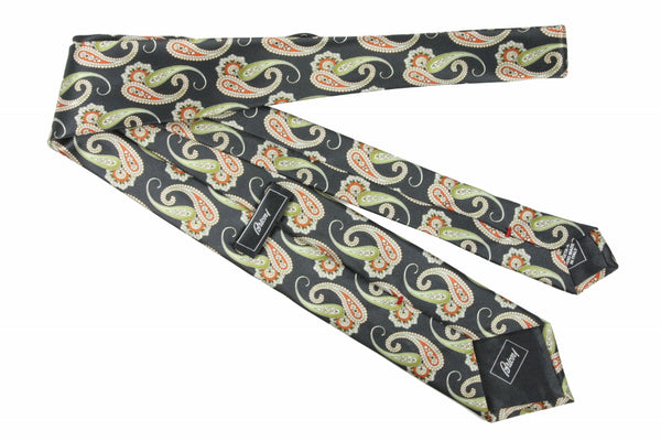 Brioni Tie: Navy with green and orange paisleys, pure silk