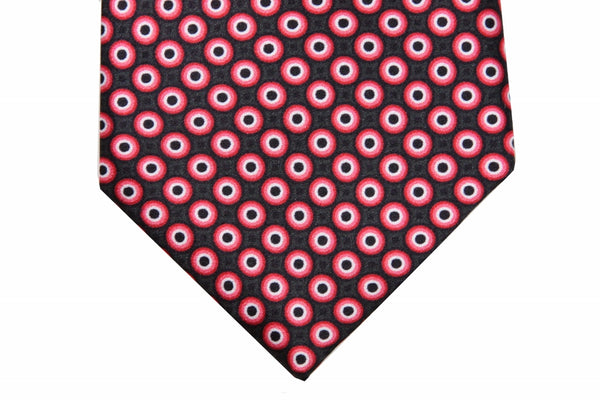 Brioni Tie: Charcoal grey with red, white and black bullseye dot, pure silk