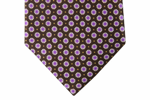 Brioni Tie: Brown with purple abstract bullseye pindot, pure silk