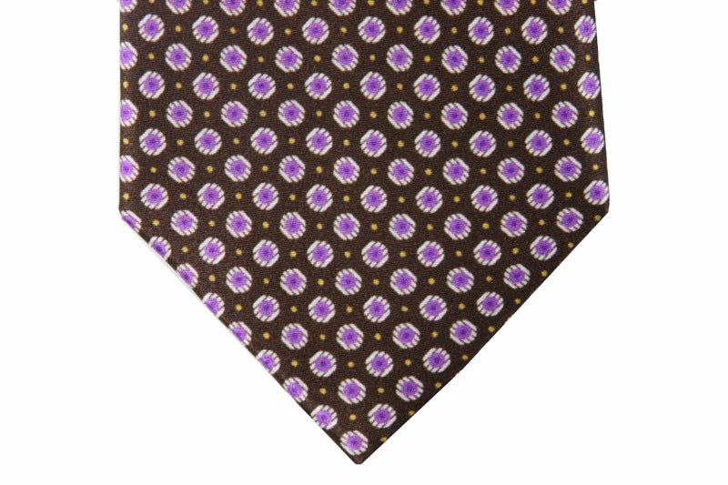 Brioni Tie: Brown with purple abstract bullseye pindot, pure silk