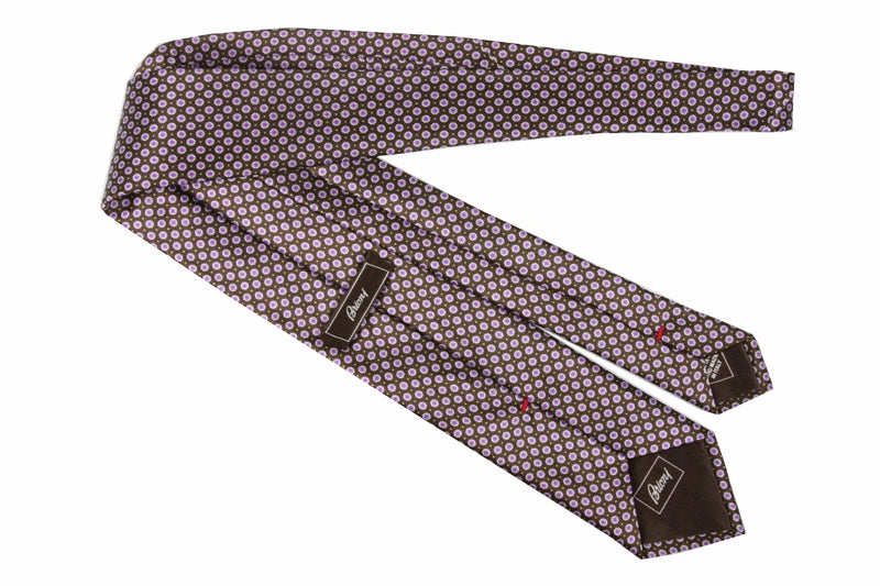 Brioni Tie: Brown with purple abstract bullseye pindot, pure silk