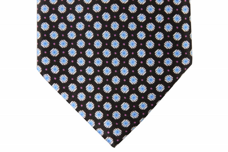 Brioni Tie: Dark brown with blue abstract bullseye pindot, pure silk