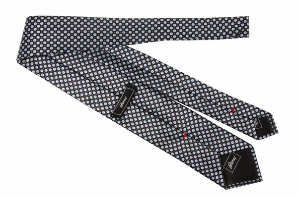 Brioni Tie: Dark brown with blue abstract bullseye pindot, pure silk