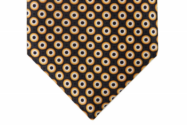 Brioni Tie: Charcoal grey with yellow and black bullseye dot, pure silk