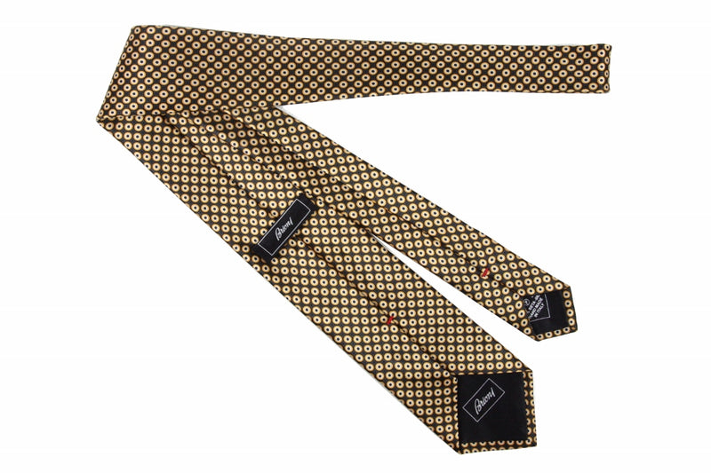 Brioni Tie: Charcoal grey with yellow and black bullseye dot, pure silk