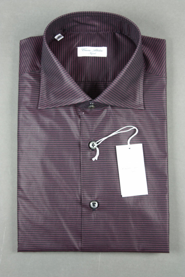 Attolini Shirt: Wine and black horizontal stripes, spread collar, cotton sateen