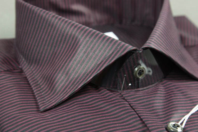 Cesare Attolini Shirt: 16.5 Wine and black horizontal stripes, spread collar, cotton sateen