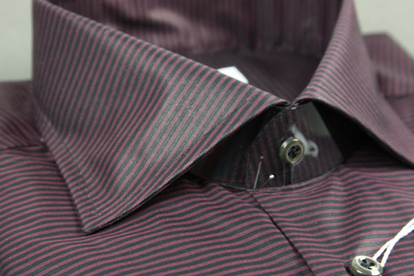 Attolini Shirt: Wine and black horizontal stripes, spread collar, cotton sateen