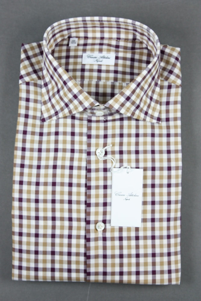 Attolini Shirt: Beige, wine and white check, spread collar, pure cotton