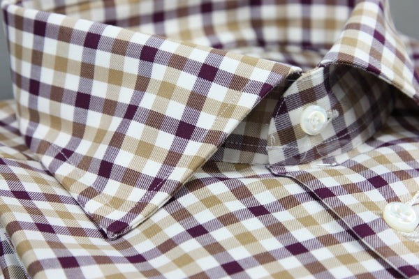 Attolini Shirt: Beige, wine and white check, spread collar, pure cotton