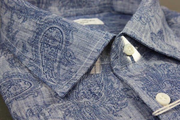 Attolini Shirt: Indigo paisley, spread collar, pure linen