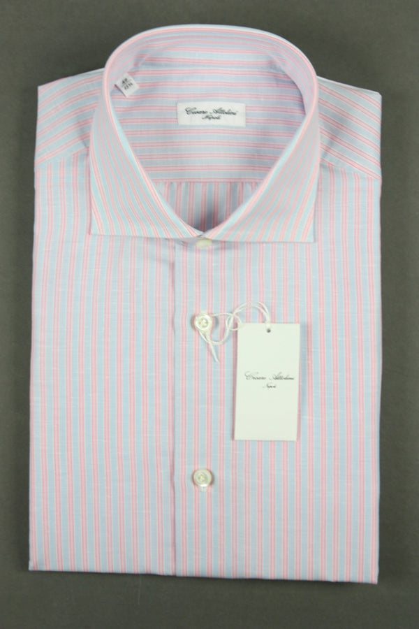 Attolini Shirt: Sky with pink stripes, spread collar, cotton/linen
