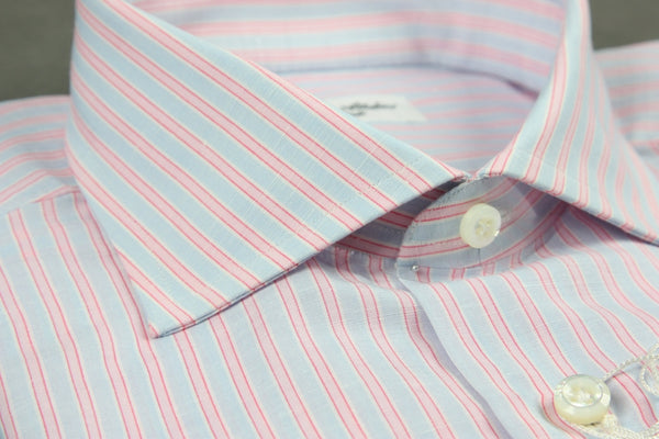 Attolini Shirt: Sky with pink stripes, spread collar, cotton/linen