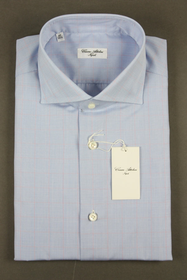 Attolini Shirt: Blue plaid with pink overplaid, spread collar, pure cotton