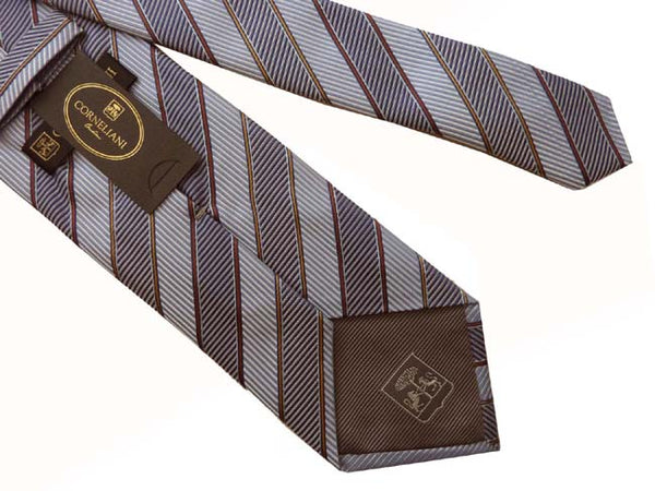 Corneliani Tie: Light blue with gold/brown stripes, pure silk