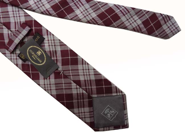 Corneliani Tie: Reddish brown & cement plaid, pure silk